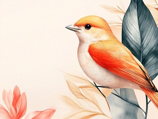 橙羽小鸟栖于花叶间