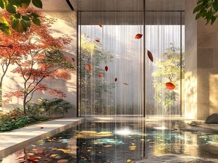 庭院水景秋叶飘落之景