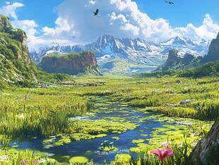 梦幻山野间的宁静湿地风光