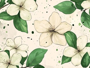 手绘白花绿叶清新图案