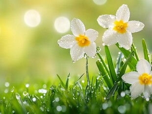 露珠水仙花绽放于绿草地