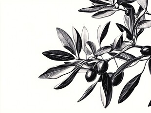 黑白橄榄枝插画特写
