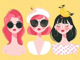 时尚女孩与俏皮小鸟插画