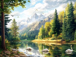 湖畔天鹅与山林美景