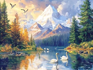 湖畔天鹅与壮丽雪山美景