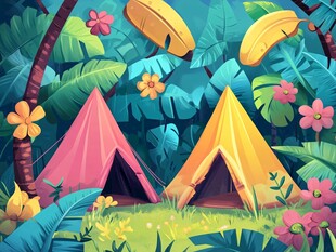 丛林中的多彩露营帐篷