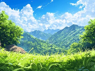 夏日青山草地梦幻风光