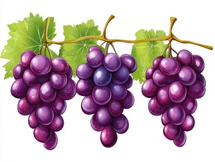 三串紫葡萄挂在藤蔓上