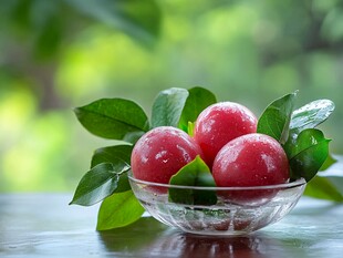 玻璃碗中的鲜润红果