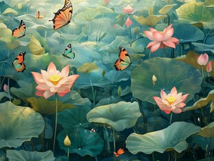 荷塘蝶舞图