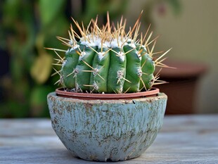 盆栽仙人球 古朴花盆点缀