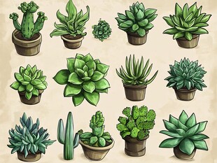 多样多肉盆栽插画展示