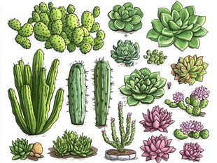多样仙人掌与多肉植物插画