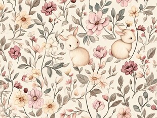 花与萌兔的温馨田园图案