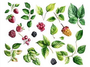 手绘浆果与绿叶插画素材