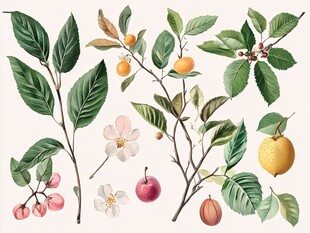 手绘水果花卉枝叶插画