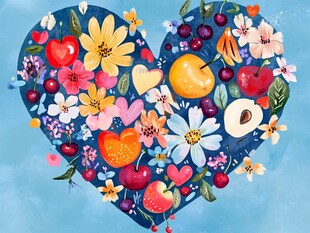 心形花卉水果梦幻插画