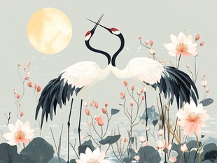 月下双鹤栖于荷花丛中