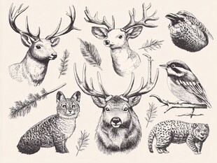 动物手绘插画 鹿鸟与豹猫