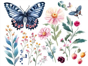 蝴蝶花卉水彩插画素材