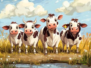 田野中可爱的四头奶牛