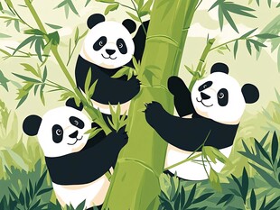 三只熊猫快乐爬竹子