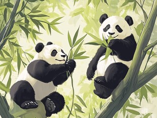 两只熊猫惬意享食竹子