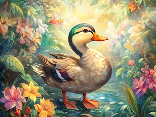 鸭立花丛间的梦幻景象