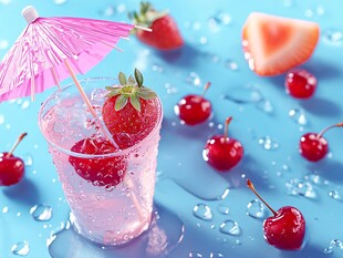 粉色草莓气泡饮夏日风情