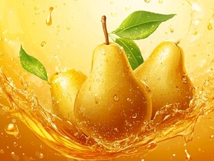 金黄梨子溅起果汁瞬间