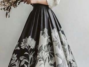 黑白花卉长裙优雅女性风采