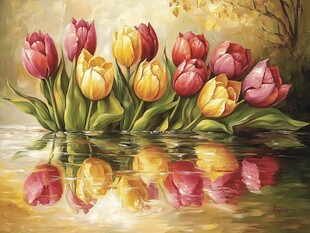 湖畔郁金香的梦幻倒影