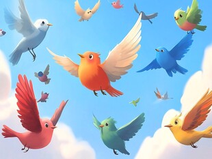 彩色鸟儿在蓝天自由翱翔