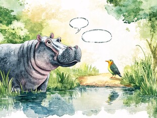 河马与小鸟的自然对话场景