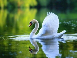 优雅天鹅于湖面舒展羽翼