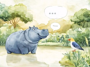 河马与小鸟的温馨交流场景