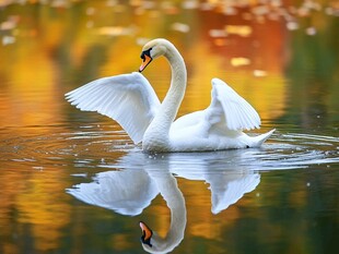 天鹅水中展翅优雅瞬间