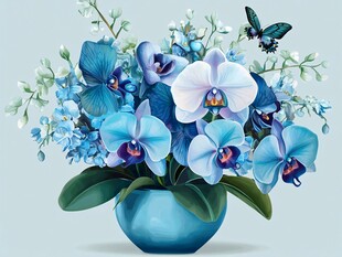 蓝调兰花花瓶中的梦幻景致