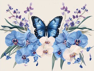 蓝蝶伴蓝白花卉插画