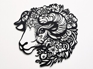 羊头花卉剪纸艺术图案