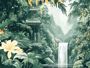 雨林中的瀑布与中式楼阁