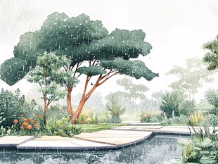 雨中庭院 静谧自然之景