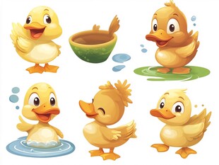 可爱小黄鸭的多样戏水姿态