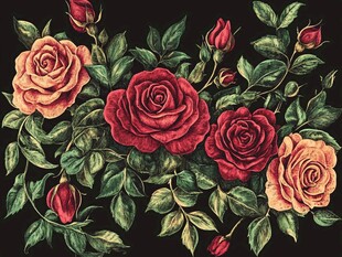 复古风手绘多彩玫瑰花束
