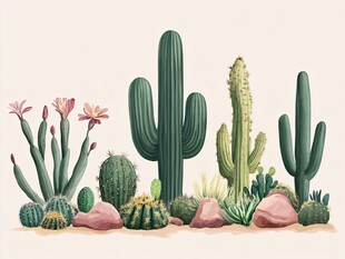 多彩仙人掌植物组合插画