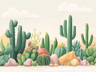 沙漠中的多彩仙人掌景观