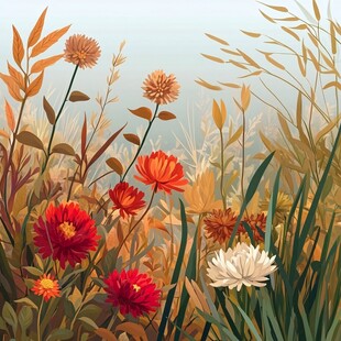 秋日缤纷花草绘景