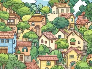 童话风山间多彩小屋景观