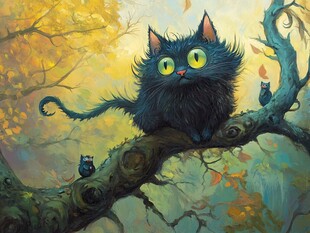 秋日树枝上的萌态黑猫