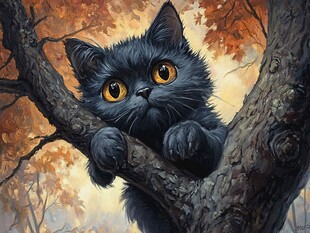 黑猫栖于秋树枝头